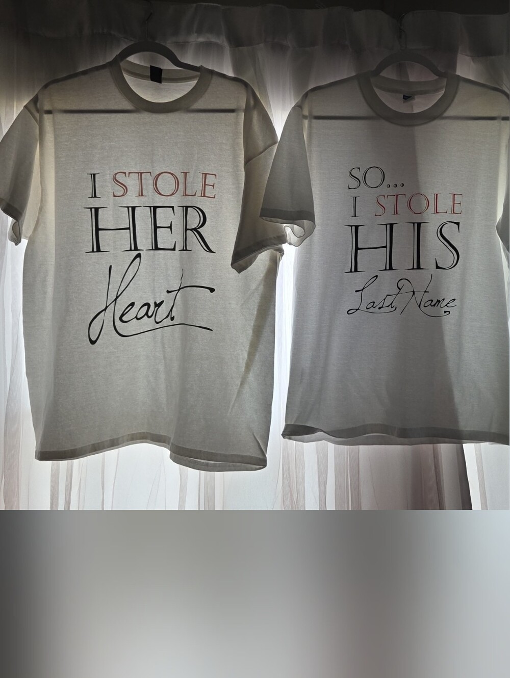 White "I Stole Her Heart" "So I Stole Hid Last Name" Graphic Tees